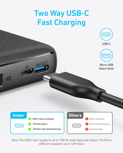 Anker Power Bank, Compact Portable Charger (PowerCore 10K) 10,000mAh Battery Pack with PowerIQ Charging Technology and USB-C for iPhone 17, iPad, Samsung Galaxy, Pixel, and More