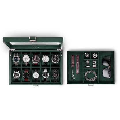 Vlando Watch Box for 10 slot, Lockable Watch Case with Textured Leather, 2 Layer Watch Holder for Rings, Bracelets, Glasses, Glass Lid, Removable Divider, Gift for Fathers, Husband, Friend, Dark Green