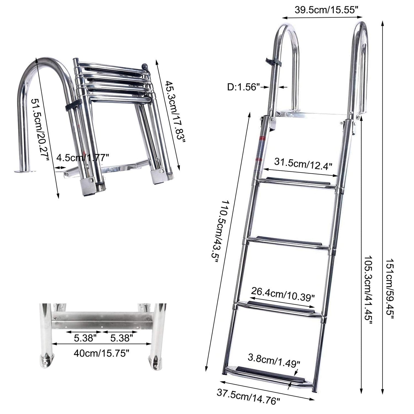 Amarine Made Boat Ladder 4 Steps Removable Premium Stainless Folding Rear Entry Pontoon Boat Ladder w/Extra Wide Step
