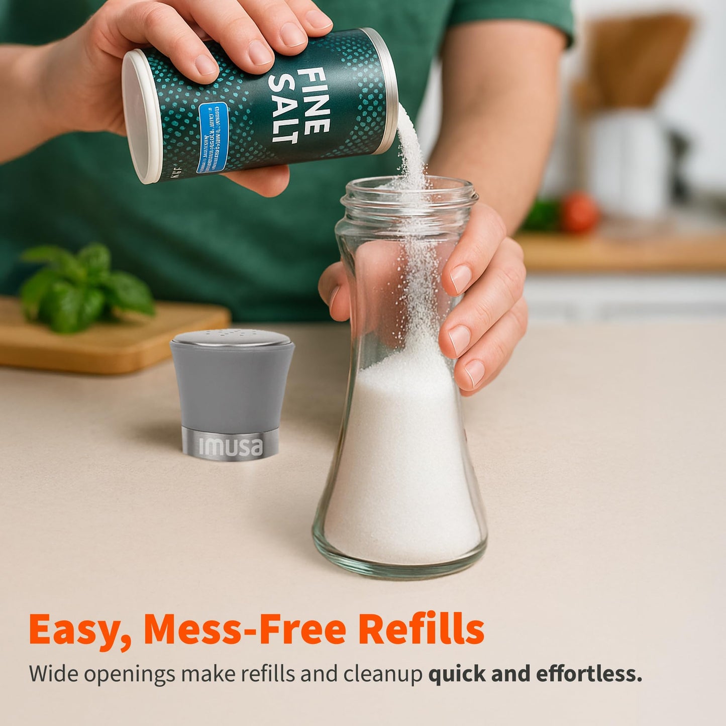 IMUSA Salt Shaker and Pepper Grinder Set – 2 Pack Glass Salt Shaker and Pepper Mill Set, Manual Adjustable Ceramic Core Pepper Grinder, 6 oz Capacity, Refillable Salt and Pepper Set for Kitchen