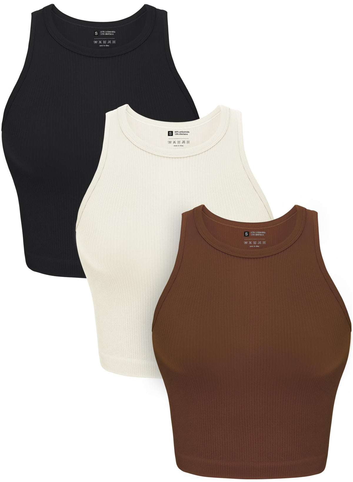 OLCHEE Womens 3 Pack Crop Tank Tops Basic Seamless Ribbed Round High Neck Racerback Workout Top Summer Causal Yoga Gym Shirts - Black Brown Beige Medium