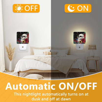 GANTINIR Halloween Skull Night Light, Plug-into Skeleton Flower Floral Nightlight White LED Lamp, Energy Efficient Decor Desk Lamp for Bedroom Hallway Stairs Bathroom