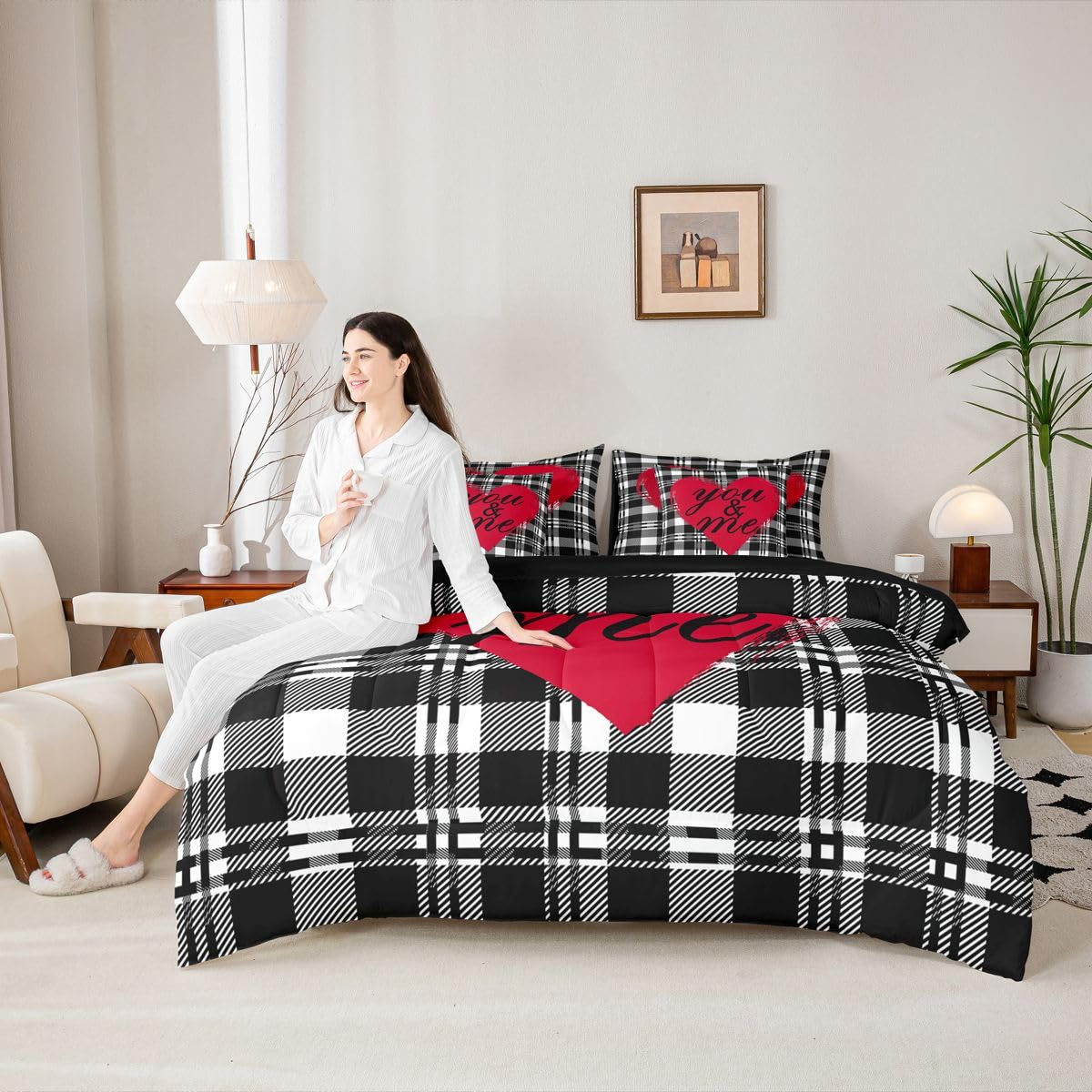 You and Me Bed in a Bag Queen Comforter Set 7-Piece | Valentines Day Decorations Bedding Sets Black and White Grid Comforter and Sheet Set, Geometric Checkerboard Lattice Buffalo Plaid Room Decor