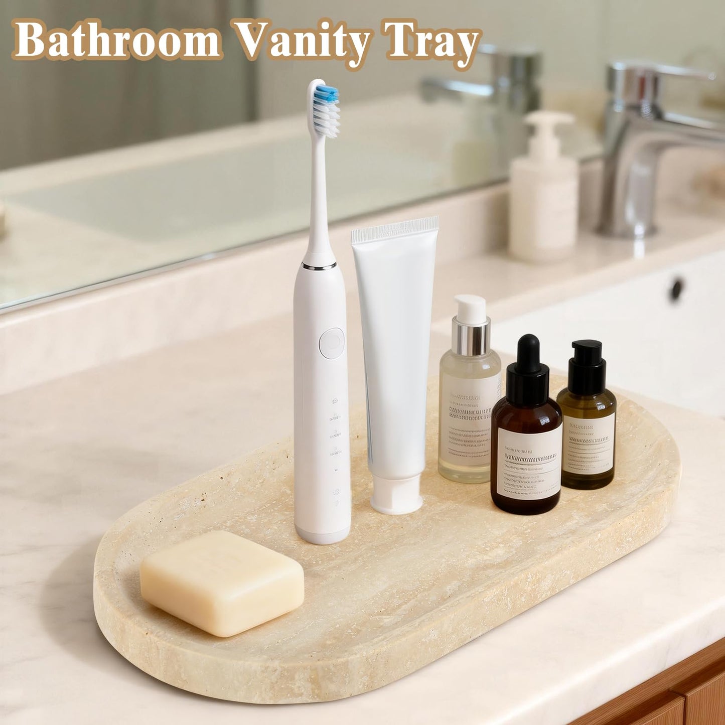 Moujings Natural Travertine Vanity Tray - Decorative Stone Marble Tray for Bathroom Countertop, Elegant Organizer for Home Decor, Jewelry, Candle, Makeup, Kitchen and Dresser Decor