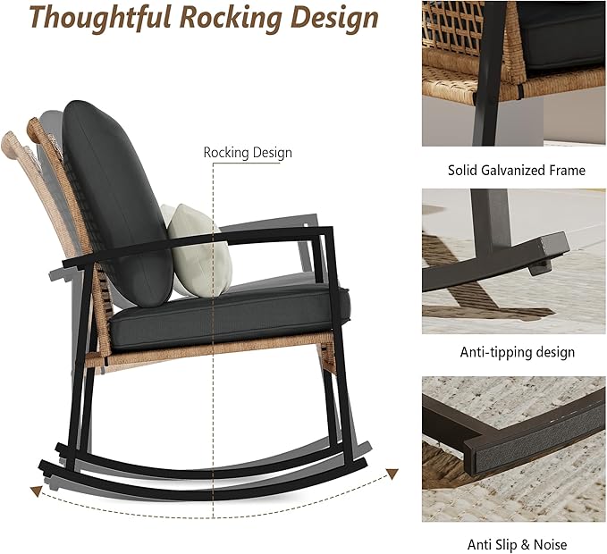 3 Piece Patio Rocking Chairs Set of 2, Outdoor Rocking Chair Bistro Set with Tempered Glass Coffee Table and Thick Lumbar Pillow Set, Front Porch Chairs for Garden, Backyard (Gray Cushion)