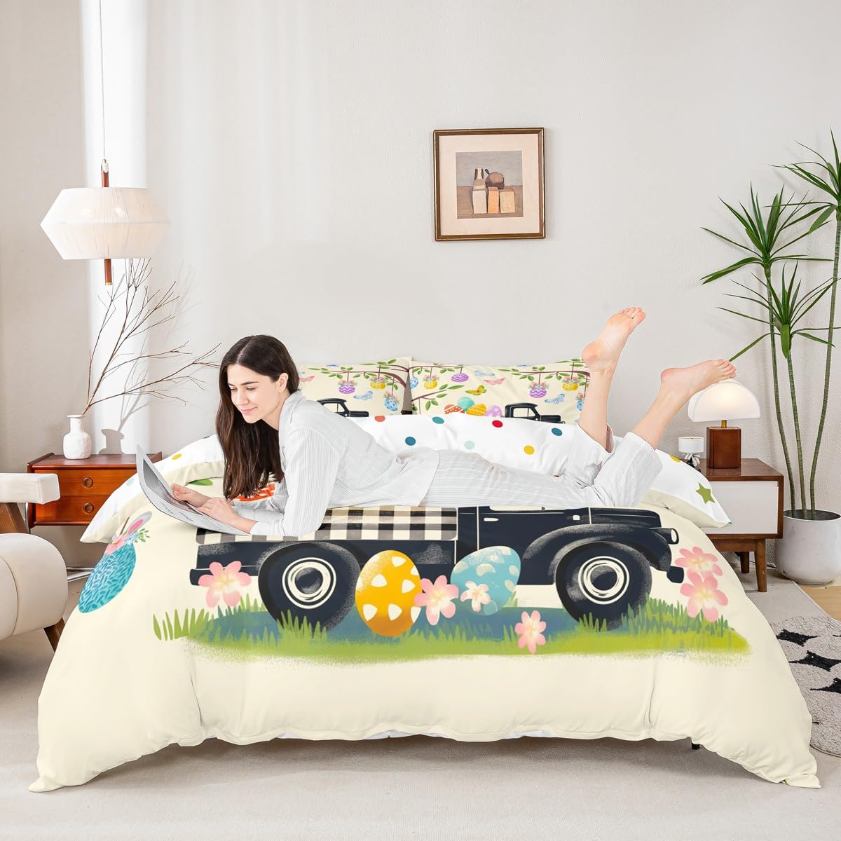 Easter Eggs Duvet Cover Black and White Buffalo Plaid Truck Bedding Set Happy Easter Themed Easter Egg Rabbit Comforter Cover Queen,Green Leaves Tree Branches Kawaii Room Decor Easter Decorations