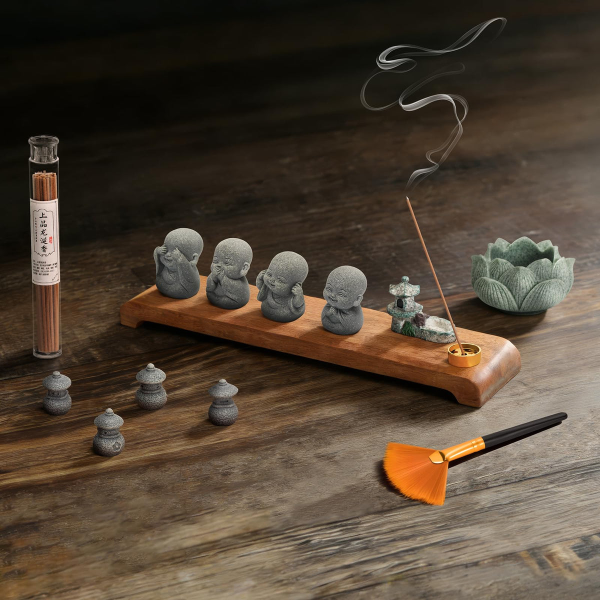 Laughing Buddha Statue Zen Set 4 Pcs with Wood Base, Lotus Incense Burner, Copper Incense Holder, Incense Sticks & Cleaning Brush All in One Feng Shui Decor for Home, Meditation, Desk & Spiritual Gift