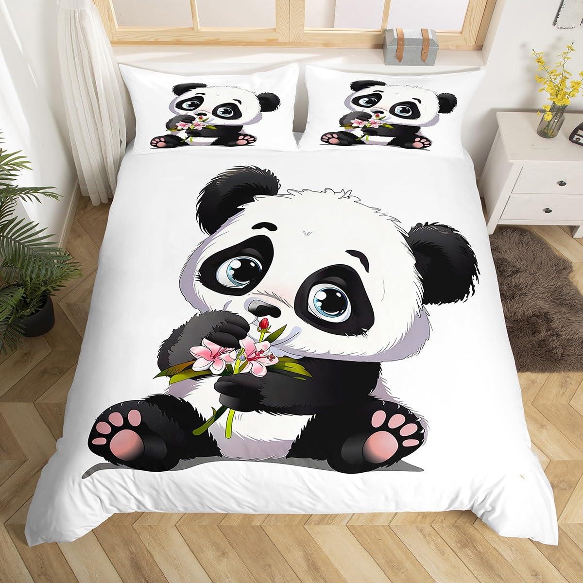 Feelyou Panda Bedding Set for Boys Girls King Size Cute Giant Panda Duvet Cover Set Kids Toddler Cartoon Animal Pattern Comforter Cover with 2 Pillowcases