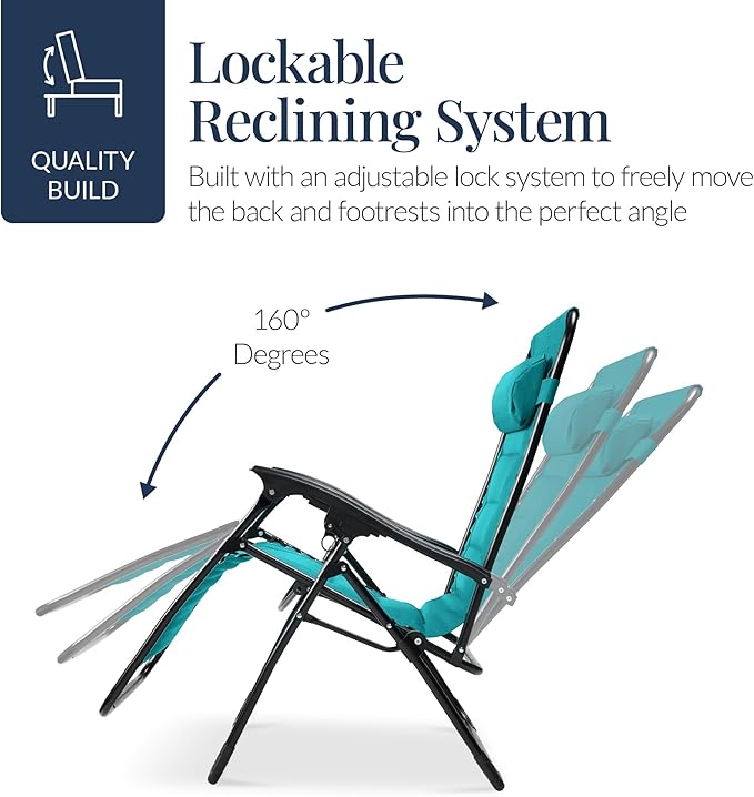 Best Choice Products Oversized Padded Zero Gravity Chair, Folding Outdoor Patio Recliner, XL Anti Gravity Lounger for Backyard w/Headrest, Cup Holder, Side Tray, Polyester Mesh - Peacock Blue