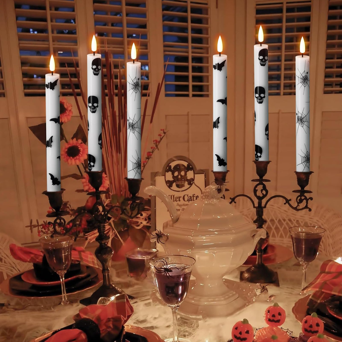 KunSwenn Halloween Flameless Taper Candles, 6 Pack LED Taper Candles Battery Operated with Remote Timer, Real Wax Flameless Candlesticks with Spider Webs/Skull/Bats Decals for Halloween Decoration