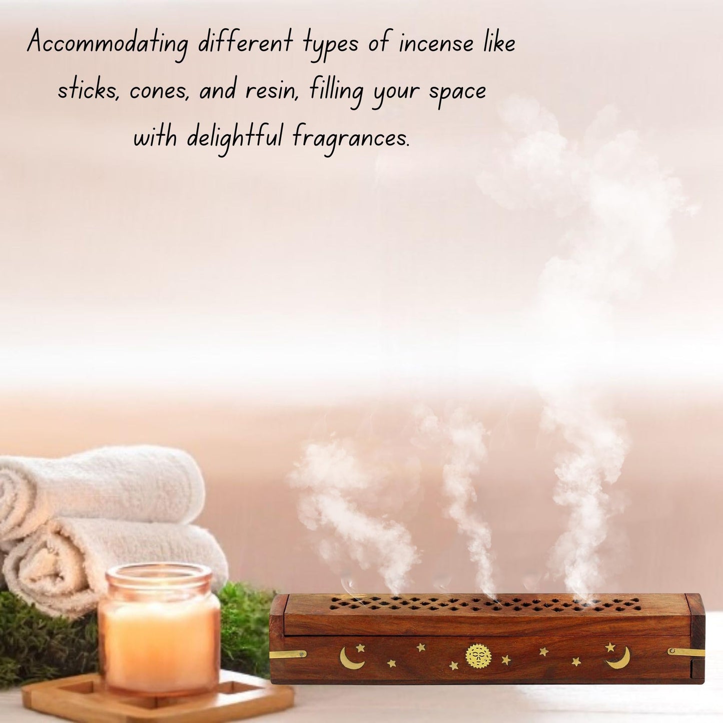 Vrinda® 2 Pack Handcrafted Wooden Incense Stick Holder with Sun and Moon Inlay - Ash Catcher for Meditation - Home Decor & Accessories, 12x2x1.5 inches