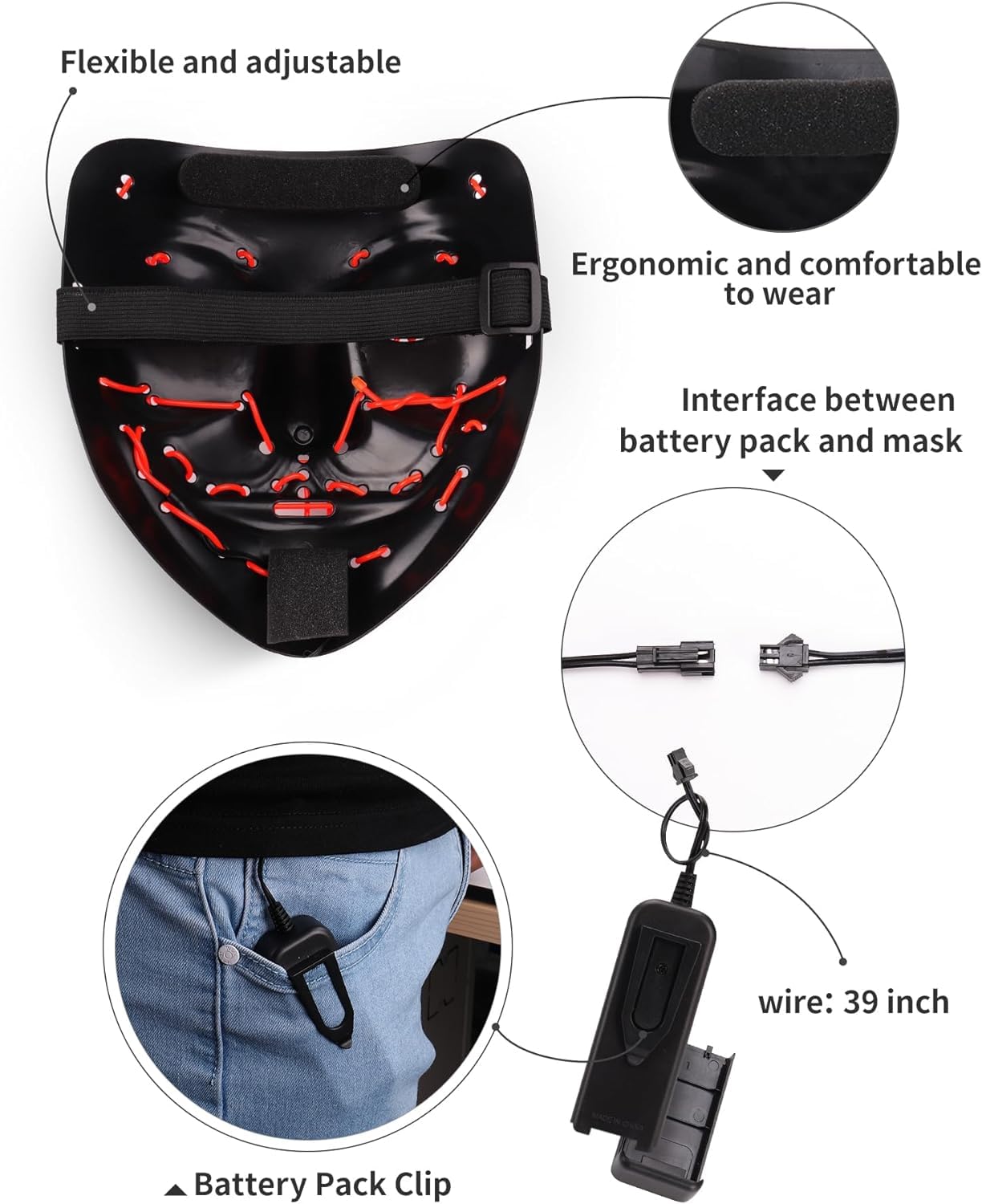 AnanBros Scary LED Halloween Mask, Light up Mask Cosplay, LED Rave Face Mask Costume 3 Lighting Modes, Halloween Face Masks for Men Women Kids - Red