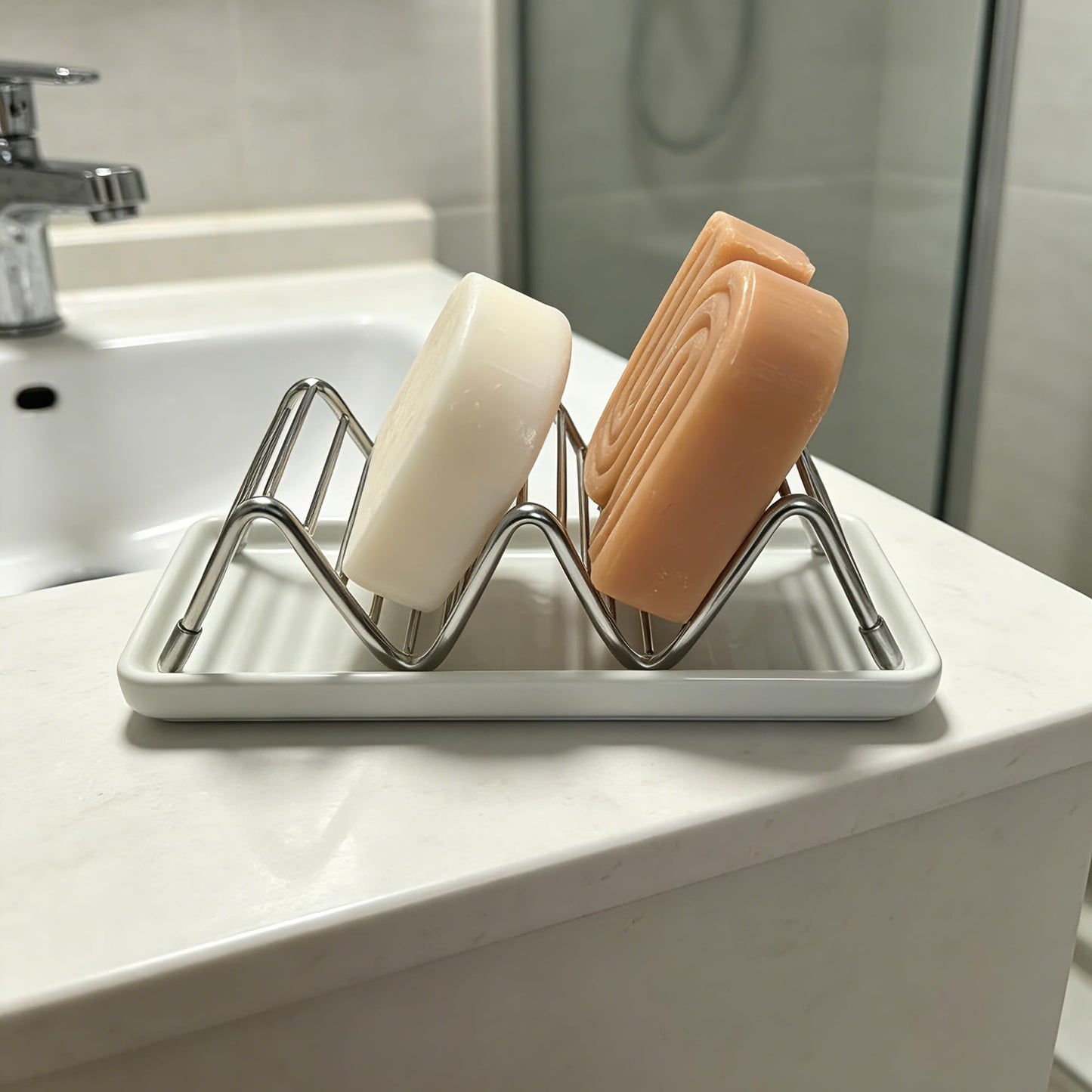 Lofekea Soap Dish, Stainless Steel Self Draining Shower Bar Soap Holder with Ceramic Dish Tray, W Style Soap Saver for Bathroom, Sink, Kitchen and Countertop(White)