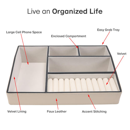 Fijxzct Faux Leather Valet Tray – 5-Compartment Desk Jewelry Trays, Phone Watch Organizer Catch-All Tray for Keys Wallet, Dresser Nightstand Office Entryway Storage (White)