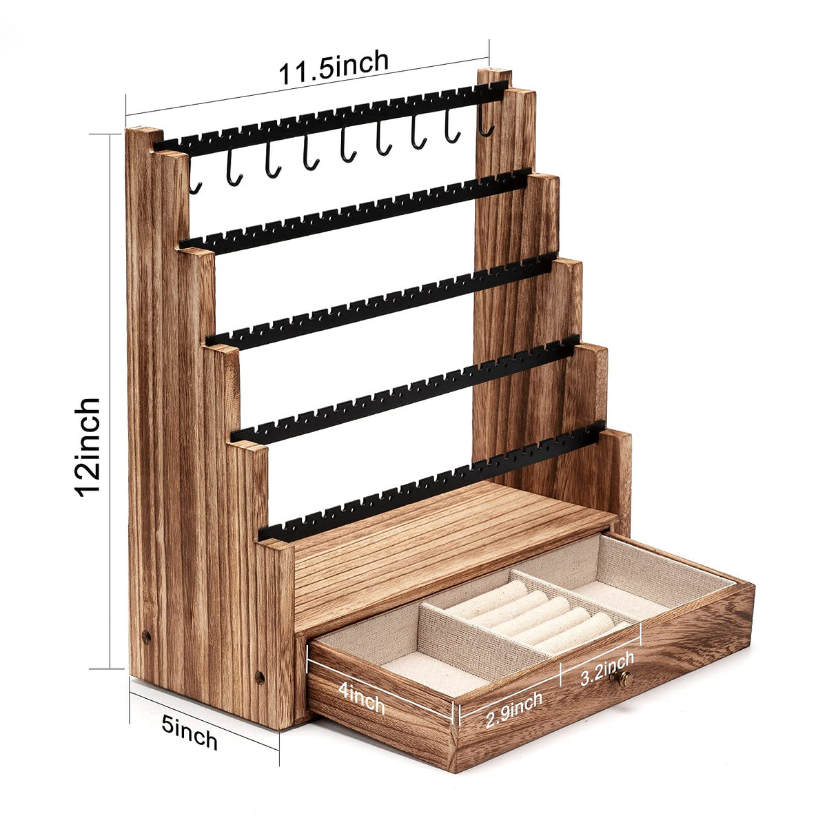 Pinzoveco Earring Organizer, 5 Layer Earring Holder Organizer with Necklace Holder Pole, Rustic Wood Jewelry Organizer Stand Display for Stud Earring Bracelet Necklace Ring, 175 Earring Holes