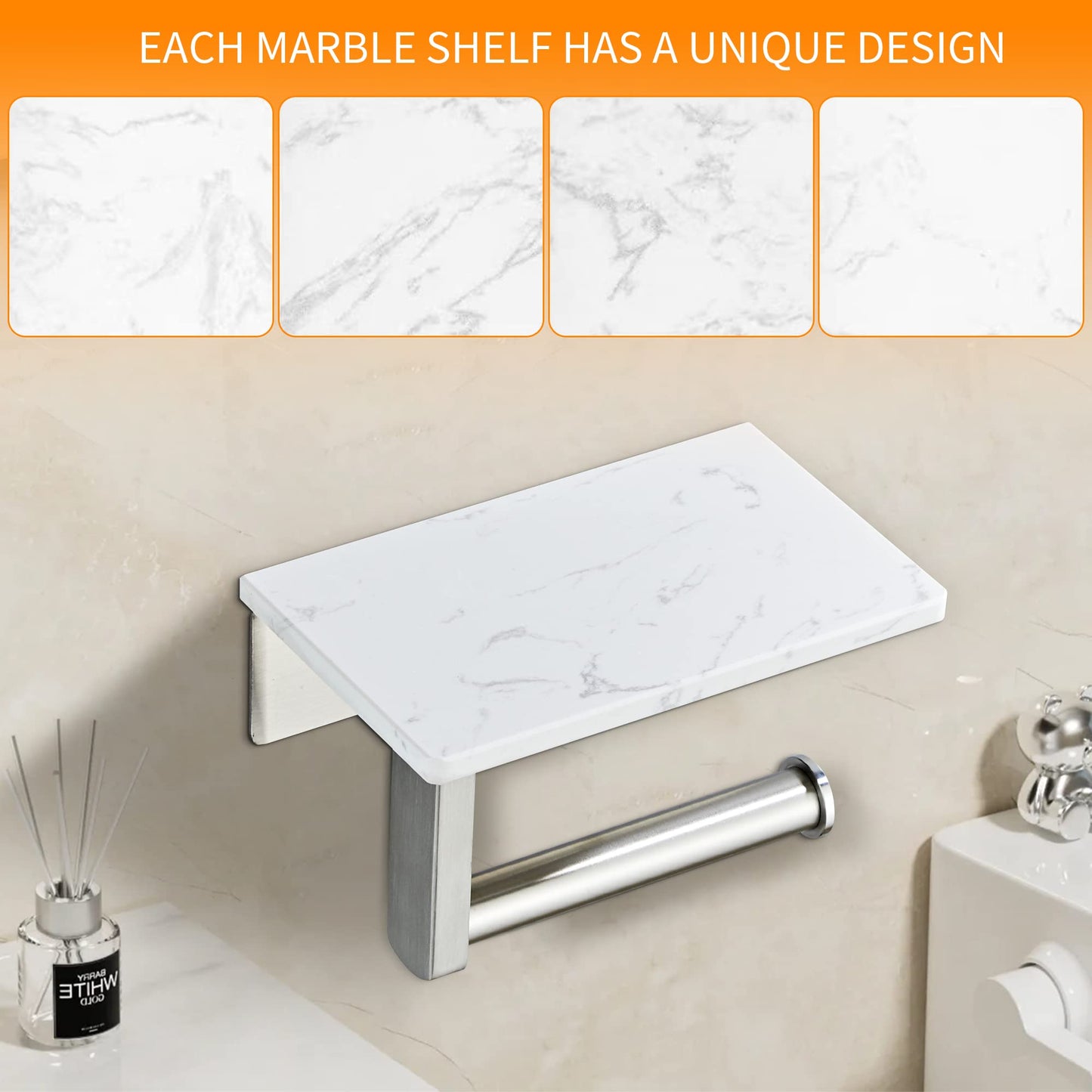Brushed Nickel Toilet Paper Holder with Shelf, 304 Stainless Steel Screw Wall Mounted, Marble Tissue Roll Holder with Storage