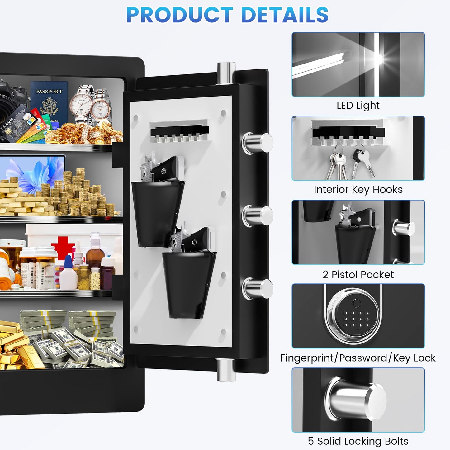 𝟐𝟑.𝟔𝟐" 𝐓𝐚𝐥𝐥 Large Biometric Safe Box, Home Safes Water Fireproof, Duty Document Safe with Bottom Hidden Compartment, Anti-Theft Dual Alerts, Mute Mode, Digital Security for Home and Business