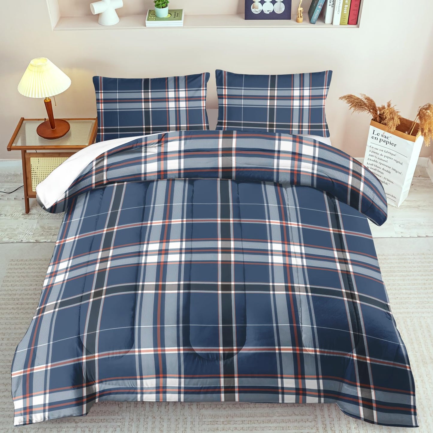 llyxsesty Blue Grid Comforter Set King Teens Plaid Design Bedding Set for Boys Gingham Comforter King Girls Quilt Plaid Bedroom Decor Grid Checkered Bedding Bed Decor