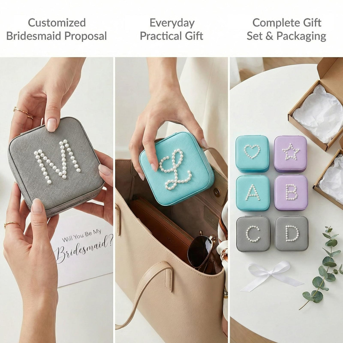 ZeiVell 6-Piece Personalized Mini Jewelry Box Gift Set, DIY Initial Mini Jewelry Cases with Self-Adhesive Decorative Accents, Small Travel Organizer Set for Bridesmaids, Bridal Party and Group Gifts