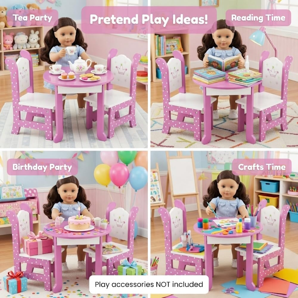 Emily Rose Wish Crown 18 Inch Doll Pink Dining Set Wooden Table & 2 Chairs