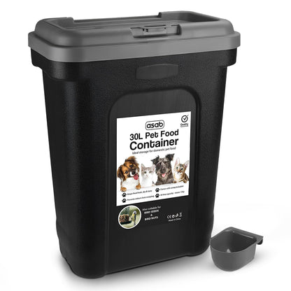 ASAB Pet Food Storage Container Large 30L/15kg Plastic Food Storage Container With Integrated Food Scoop and Flip Top Locking System Perfect for Dog Treats Dog Food and Kitten Food (Grey - Large)