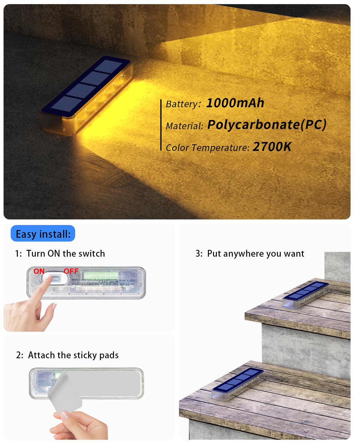 DetarZinLED Solar Lights Outdoor Garden, 4-Pack Waterproof Decking Lights Warm White, 1000mAh Battery & 8-10H Auto Lighting Solar Step Light for Stairs Dock Patio Path Driveway
