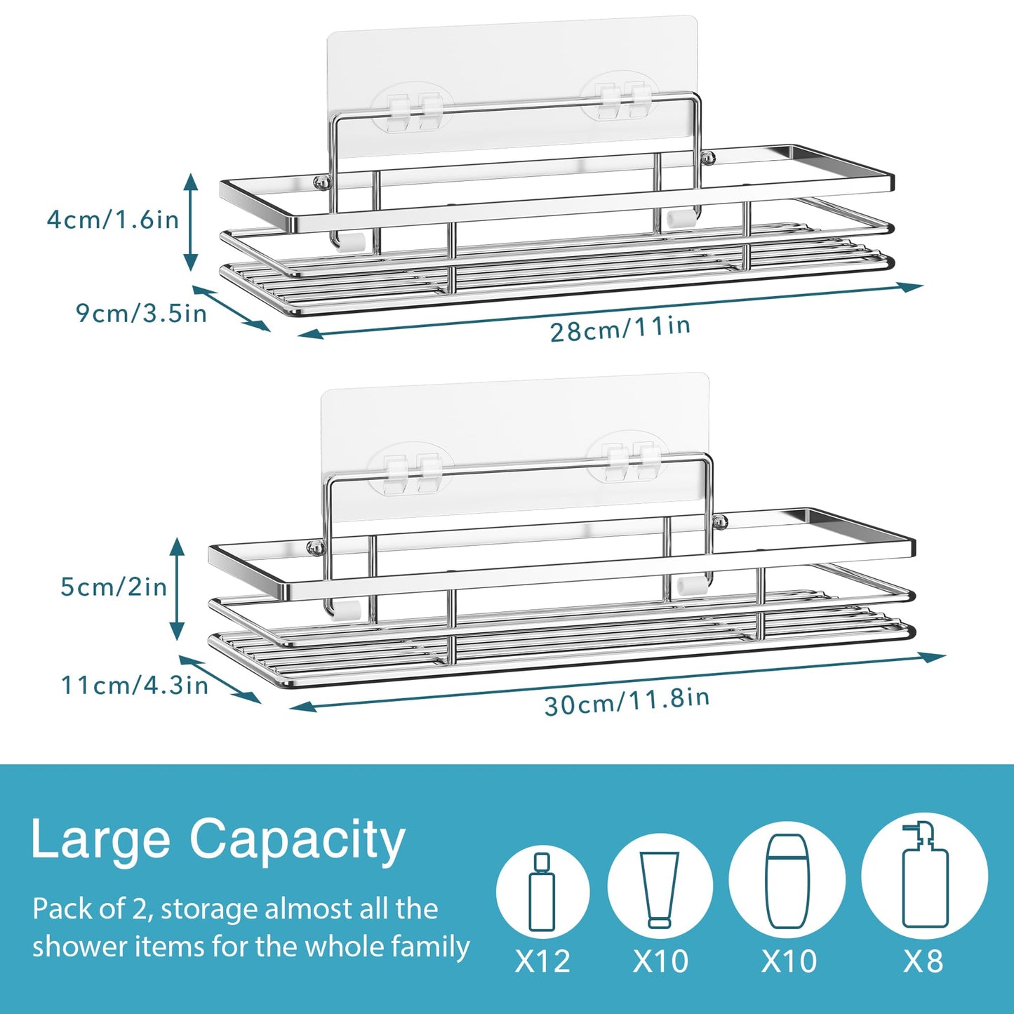 Saffruff Shower Caddy 2Pack No-Drilling Organiser Bathroom Caddy with Adhesive Silver 11.8 x 4.3”