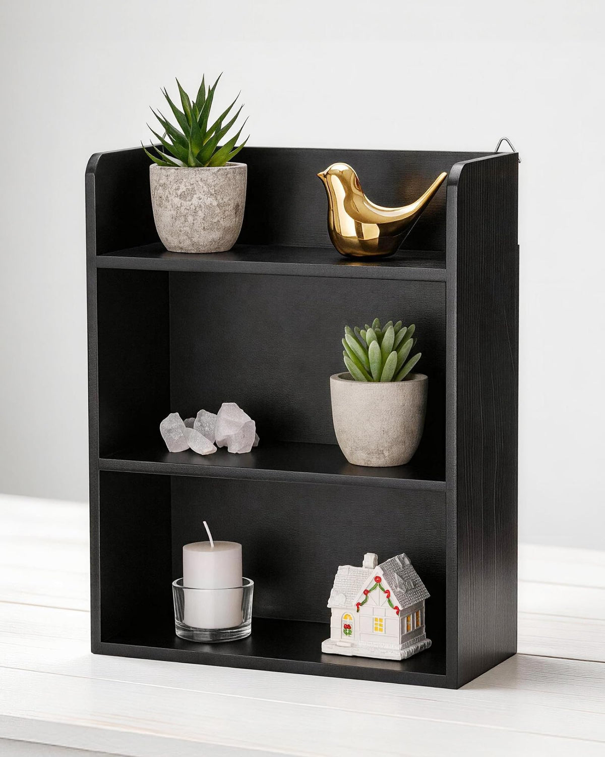 Bahhatii 3-Tier Trinket Shelf, 10" x 12" Small Display Shelf for Desk or Wall, Wooden Knick-Knack Shelves for Collectibles, Perfume & Crystal Storage, Black