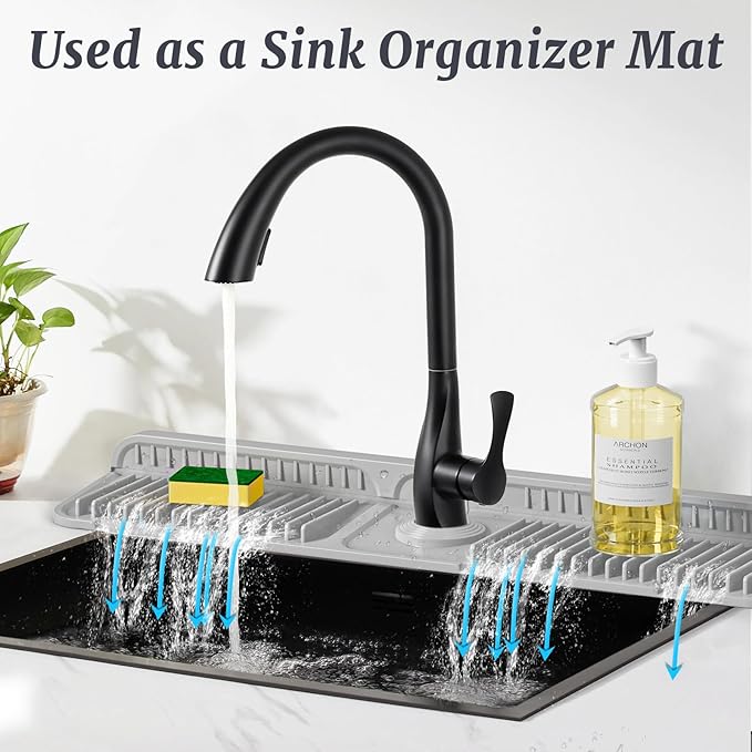 PoYang 24 inch Faucet Mat for Kitchen Sink Splash Guard, 7° Slope Silicone Sink