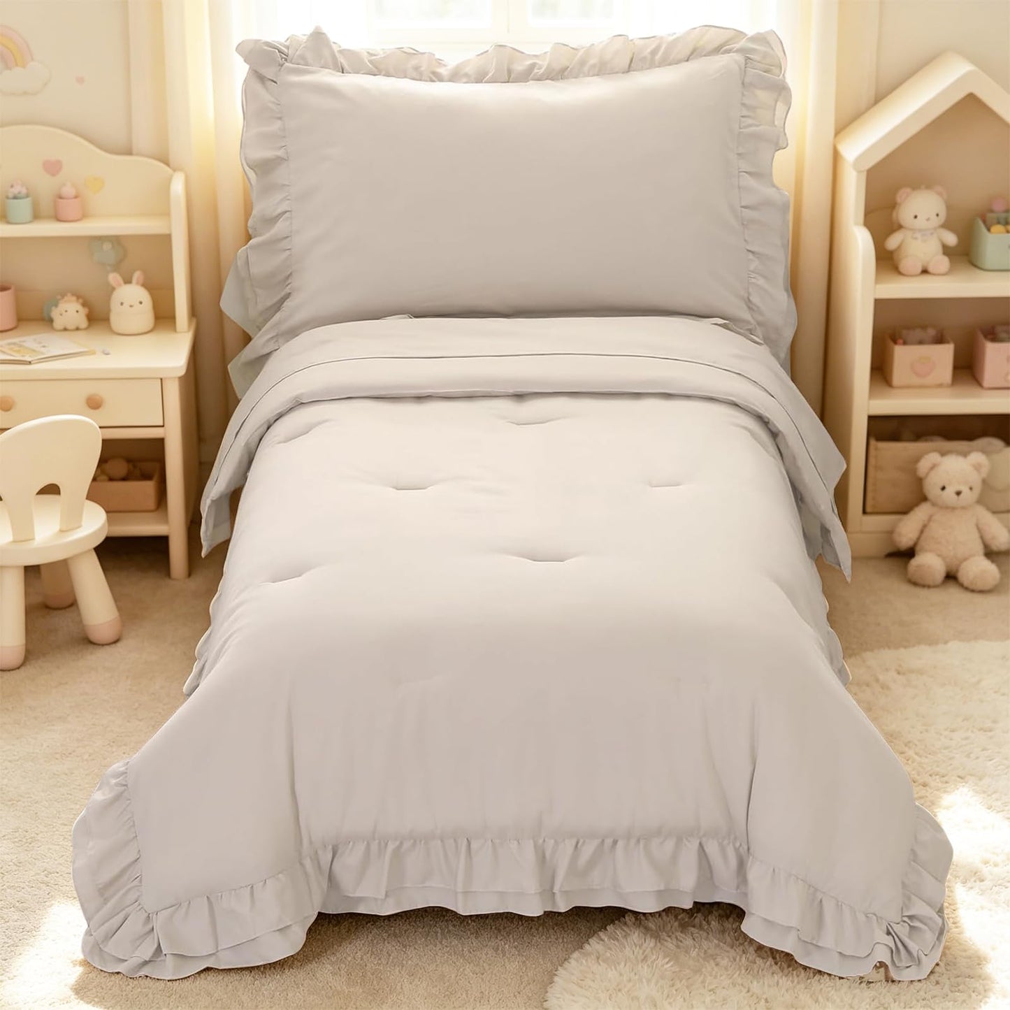 Wowelife Toddler Bedding Set for Girls, 4 Piece Double Ruffles Soft and Breathable Crib Bedding Set for Boys and Girls, Includes Quilted Comforter, Fitted Sheet, Flat Sheet and Pillowcase, Pale Beige