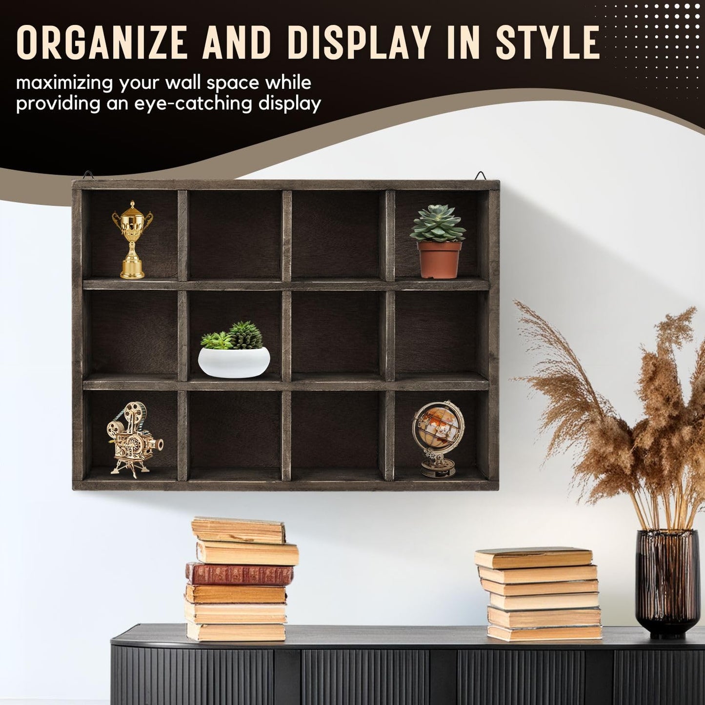 Flexzion Trinket Shelf Shadow Box with Shelves - 12-Compartment Rustic Wood Cubby Wall Shelf for Collectibles, Knick Knacks, Shot Glass Display, Wall Mounted or Freestanding with D-Ring Mounting Tabs
