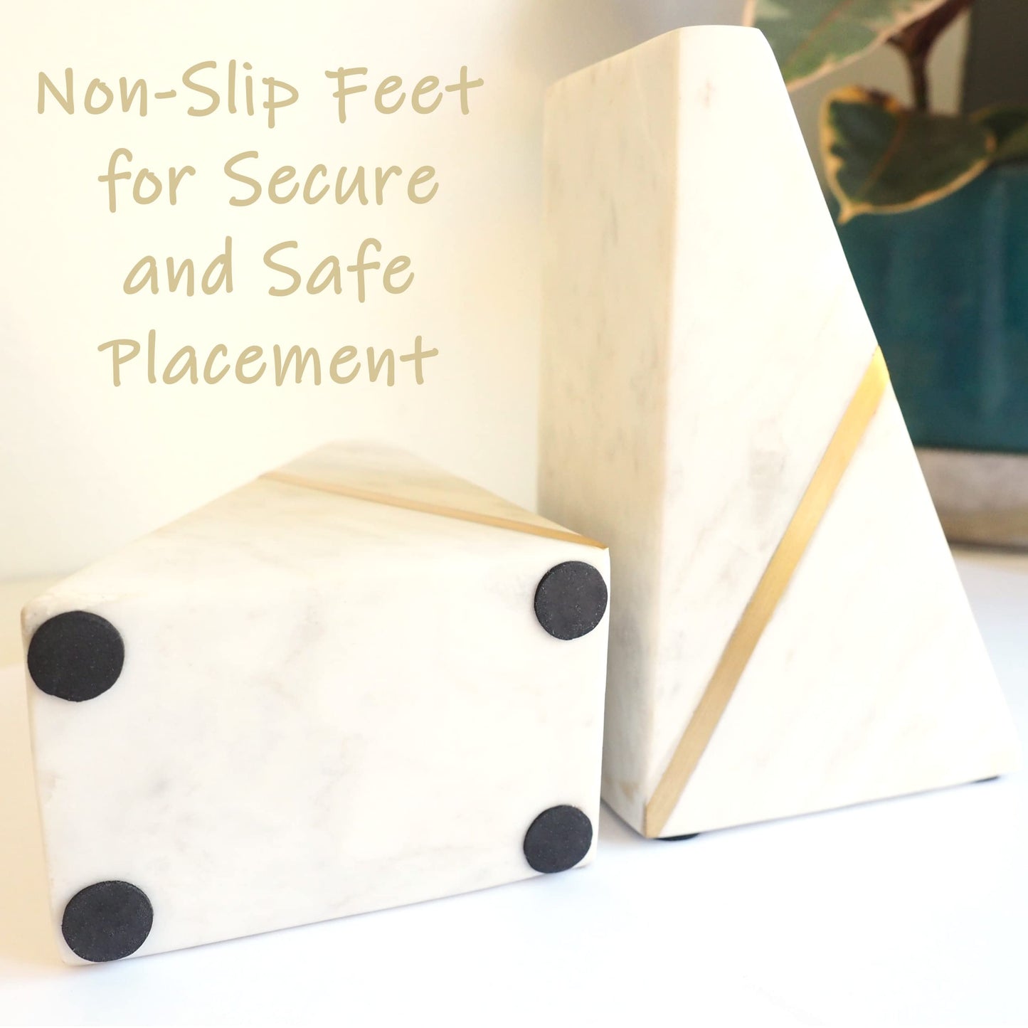 Marble Bookends Handcrafted Heavy Marble Triangular Bookshelf Decor Brass Inlay Set of 2 Decorative Bookends Book Stoppers with Non-Skid Bottom Solid Home Kitchen Office Shelves Triangle
