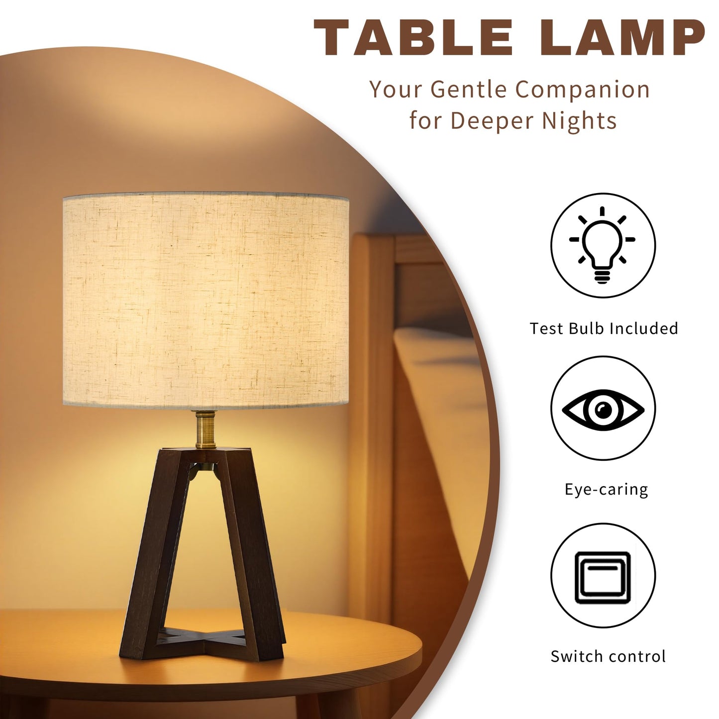 Booniture Cross-Base Table Lamp, Small Bamboo Bedside Lamp with Beige Linen Lampshade, Boho Modern Nightstand Lamp for Bedroom Living Room Office,E26 Socket (Walnut Color)