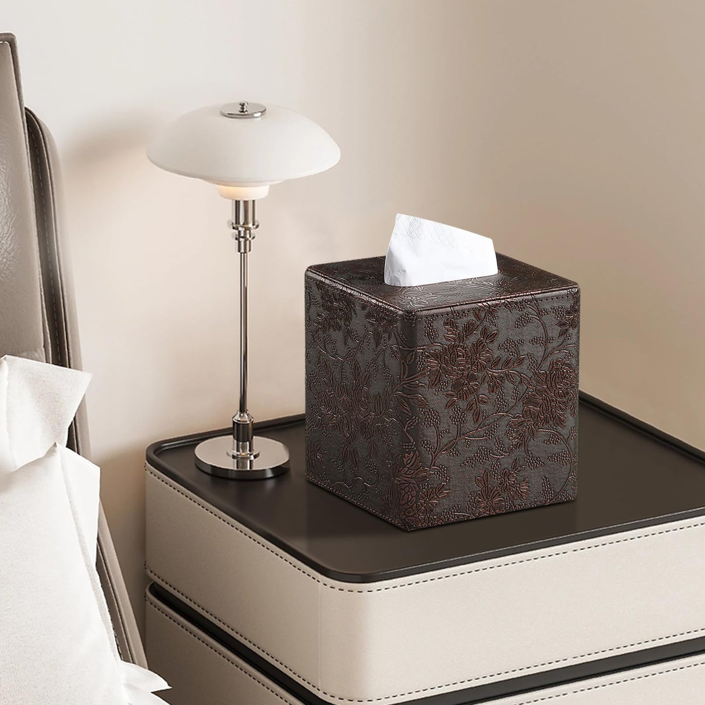 Square Tissue Box Cover, Stylish Leather Tissue Box Holder with Magnetic Bottom, Used As A Decorative Tissue Holder for Living Rooms, Bedrooms, and Desks (Brown Grape Pattern)