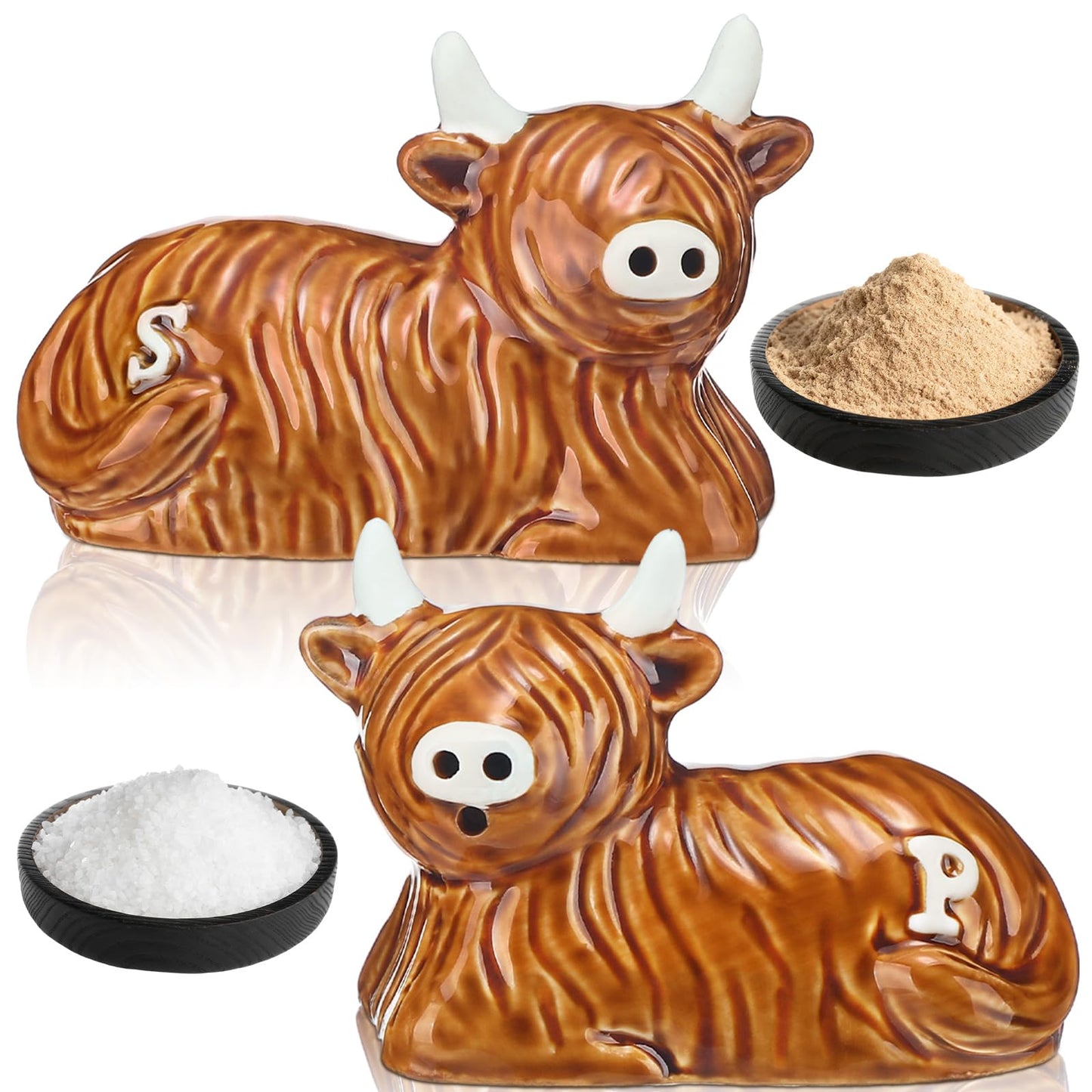 Potchen 2 Pcs Highland Cow Salt and Pepper Shaker Set Ceramic Kitchen Accessories Animal Spice Rack Scottish Highland Cow for Farm Animal Bull with Horns S&P