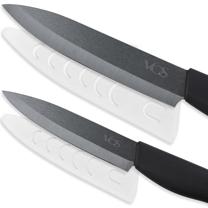 Vos ceramic knives set for kitchen in gift box, set of 2 ceramic knife with cover, 5.5" santoku & 4.5" utility for home cooks, Ultra Sharp, lightweight, rust-free, dishwasher safe (Black handle)