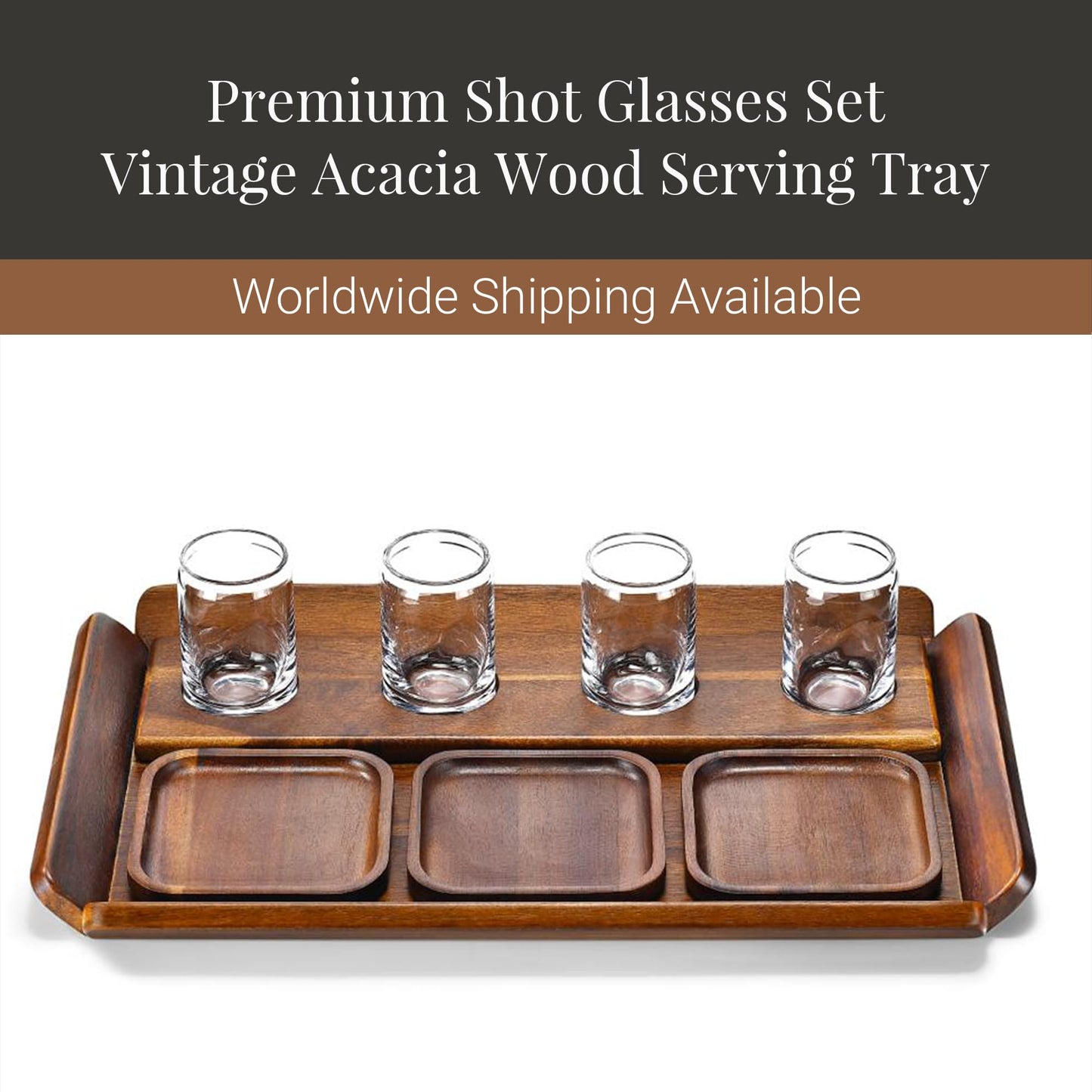 Shanik Rustic Wooden Tequila Flight Tray Set – Tasting Board with 4 Shot Glasses & Coasters, Cocktail Sampler for Parties, Home Bar, Men’s Gift, Pairing Kit