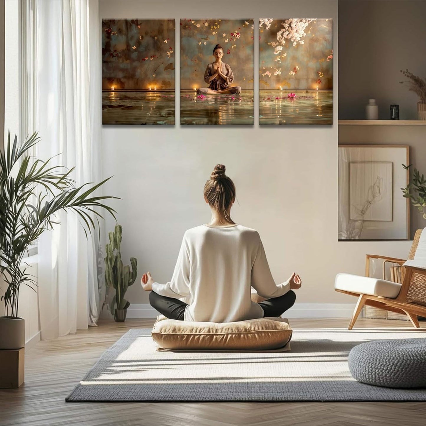 Framed Abstract Yoga and Meditation Wall Art 3 Piece Set - Living Room Yoga Studio Spa Meditation Buddha and Floating Lotus Wall Decoration with Candles and Cherry Blossoms, Serene Woman Unstressing, For Home, Office, Bedroom, Multi-coloured Contemporary