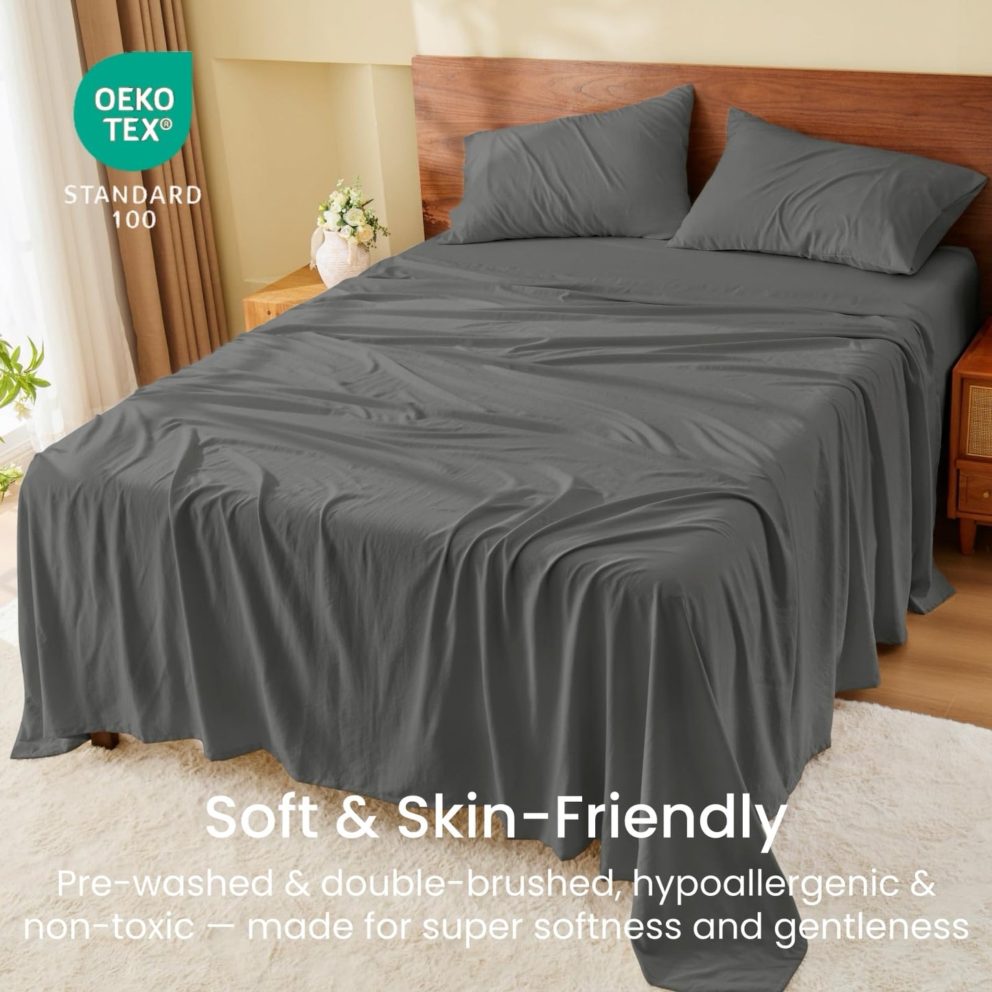 GOKOTTA 4-Pcs Queen Sheet Set, 18"-21" Extra Deep Pocket, Non-Slip Elastic Corner Straps, Washed & Brushed Microfiber Polyester, Ultra Soft, Hotel Luxury, Breathable, Wrinkle-Free, Anti-Rip-Dark Grey