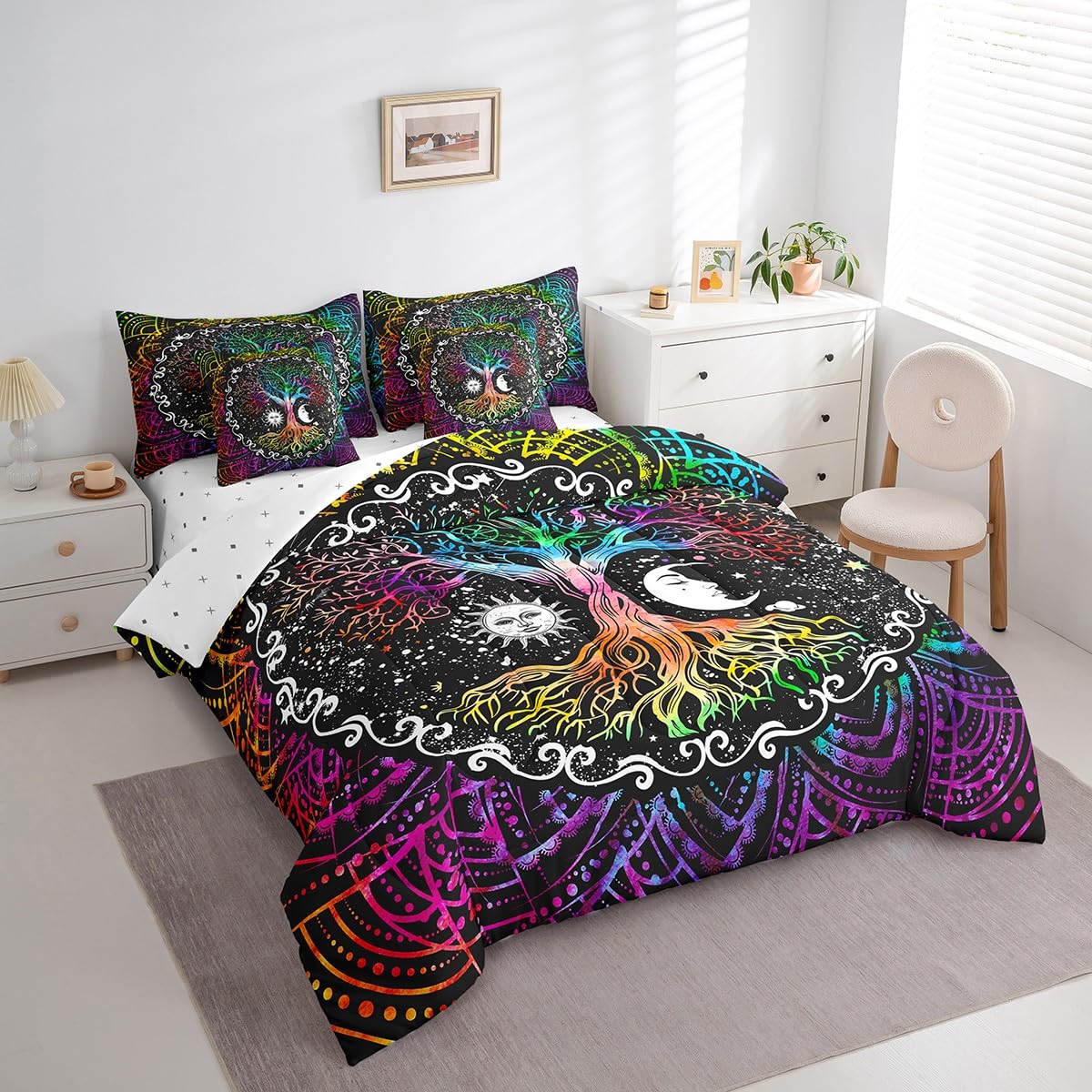 Erosebridal 7 Pcs Tree of Life Comforter Set Twin Size,Sun and Moon Bed in a Bag with Flat Fitted Sheet for Kids and Adults,Boho Mandala Flower Galaxy Bedding Set with Pillowcases and Cushion Cases