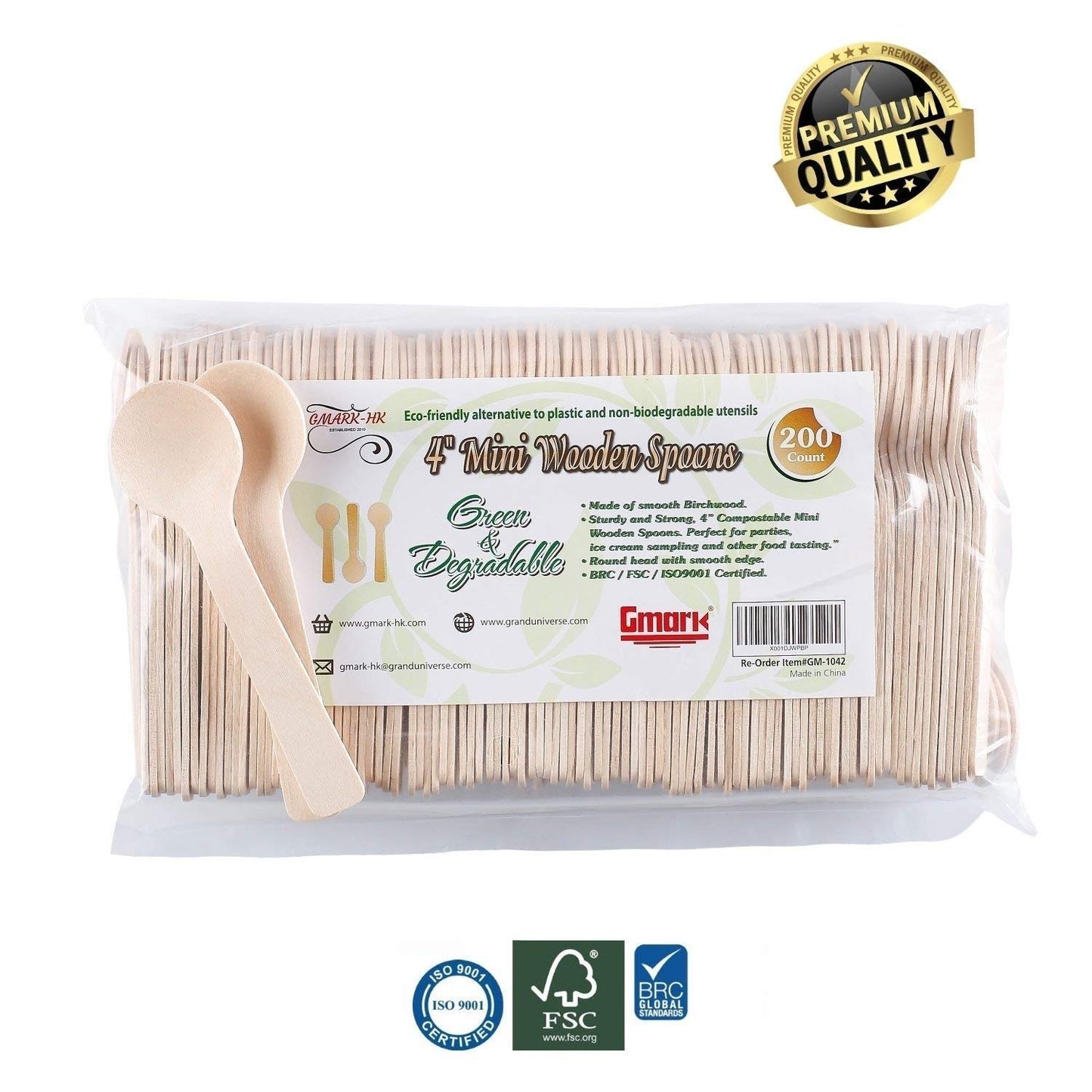 Gmark 1.5mm Extra-Thick Mini Wooden Spoons (4 Inch) - 200 Count Heavy Duty Birch Wood - Sturdy No-Snap Disposable Spoons for Gelato, Desserts & Charcuterie - Eco-Friendly & Compostable GM1042