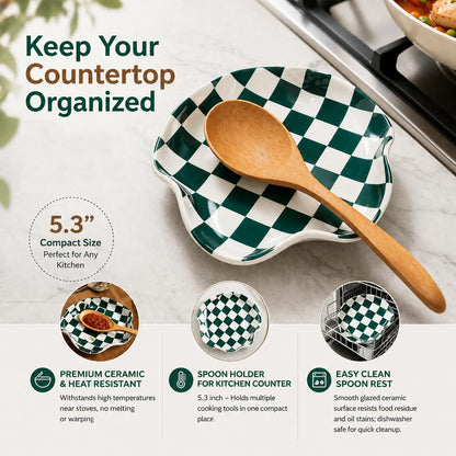 Miamolo Ceramic Spoon Rest for Stove Top, Spoon Holder for Kitchen Counter, Large Utensil Spatula Holder for Stove, Heat Resistant Cooking Spoon Rest, Checkered Kitchen Decor Gift for Housewarming
