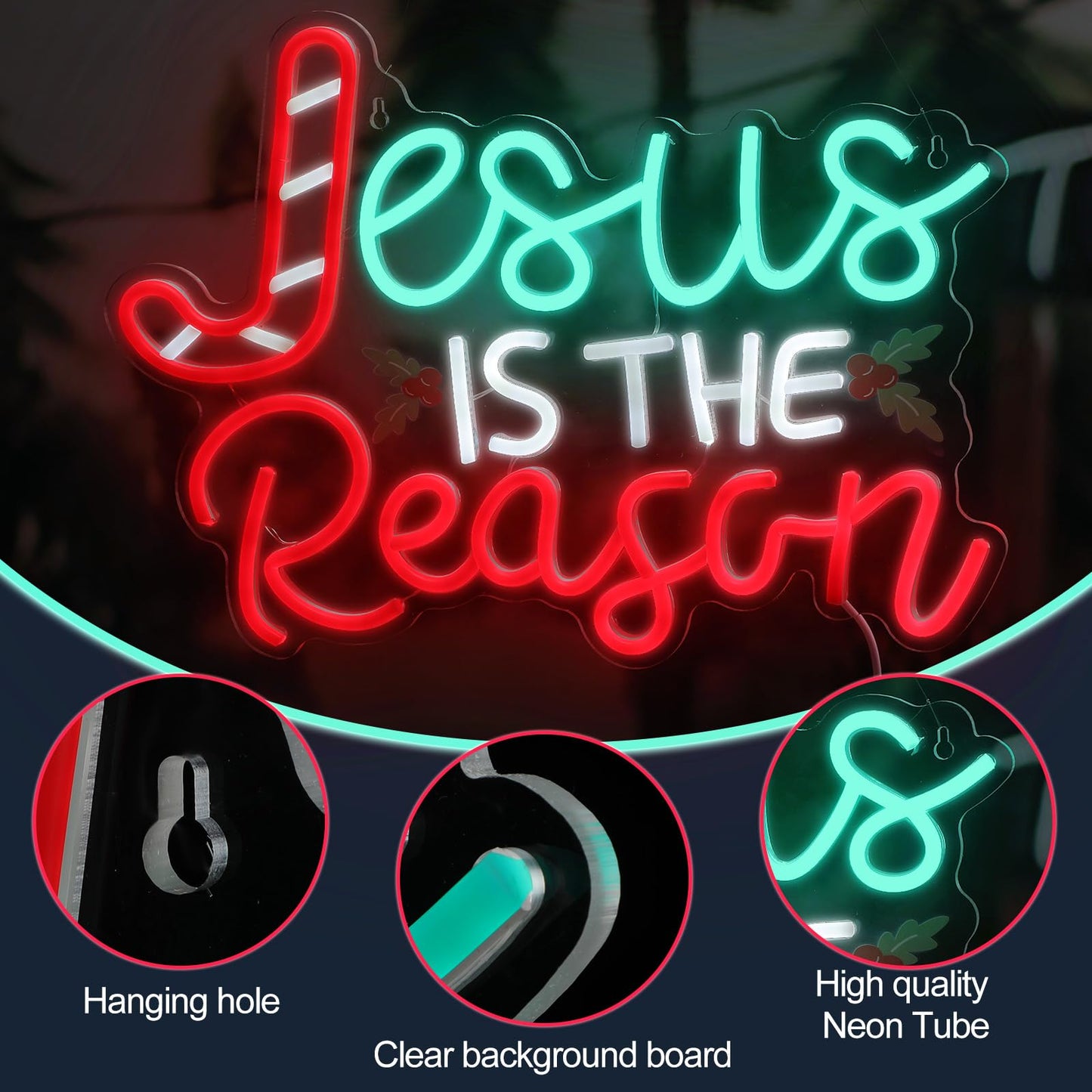 Huquary Jesus Is the Reason Neon Sign Christmas LED Sign Lighted Wall Art Decoration Neon Light USB Powered for Ceremony Party Bar Home Birthday Bible Church Decor Gift(Classic)