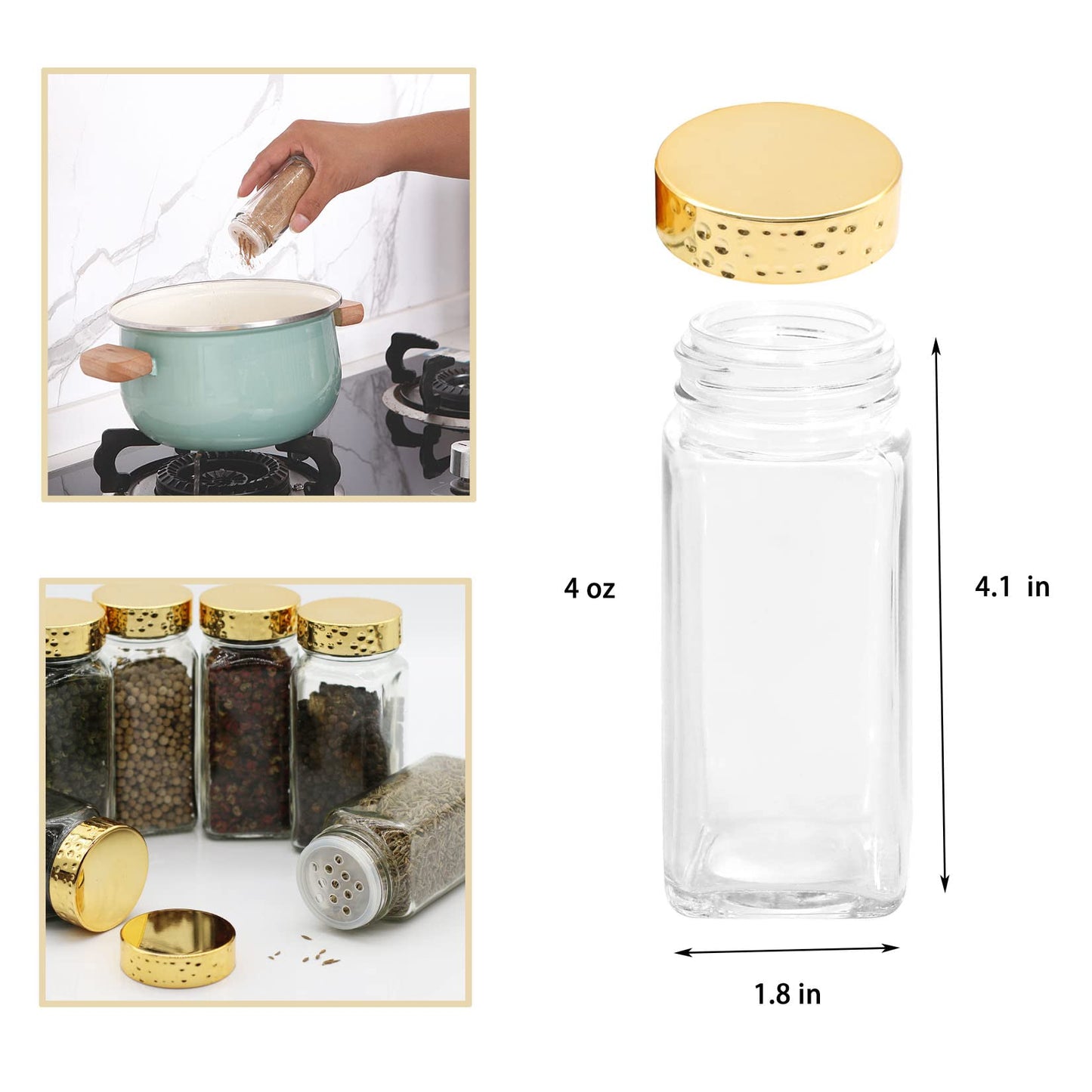 Tianifa 6pcs Gold Spice Jars, 4 oz Glass Seasoning Bottles, Spices Container, Empty Spice Jars, Square Spice Bottles with Airtight Plastic Caps with Shaker Lids