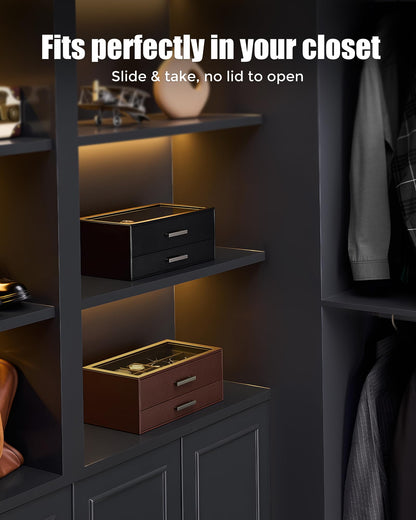 ProCase Mens Jewelry Box, 6 Slot Watch Case with Drawer & Glass Display Top, 2-layer Watch Holder Storage for Watches, Sunglasses, Rings, Bracelets, Jewelry Organizer, Gift for Men -Espresso