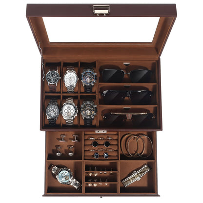 GLJ Jewelry Box for Men, 6 Slot Watch Box Jewelry Organizer With Drawer, Watch Case for Men with Large Window, 2-Layer Watch Holder, Sunglasses Storage Organizer, Velvet Lining, PU Leather, Gift Idea
