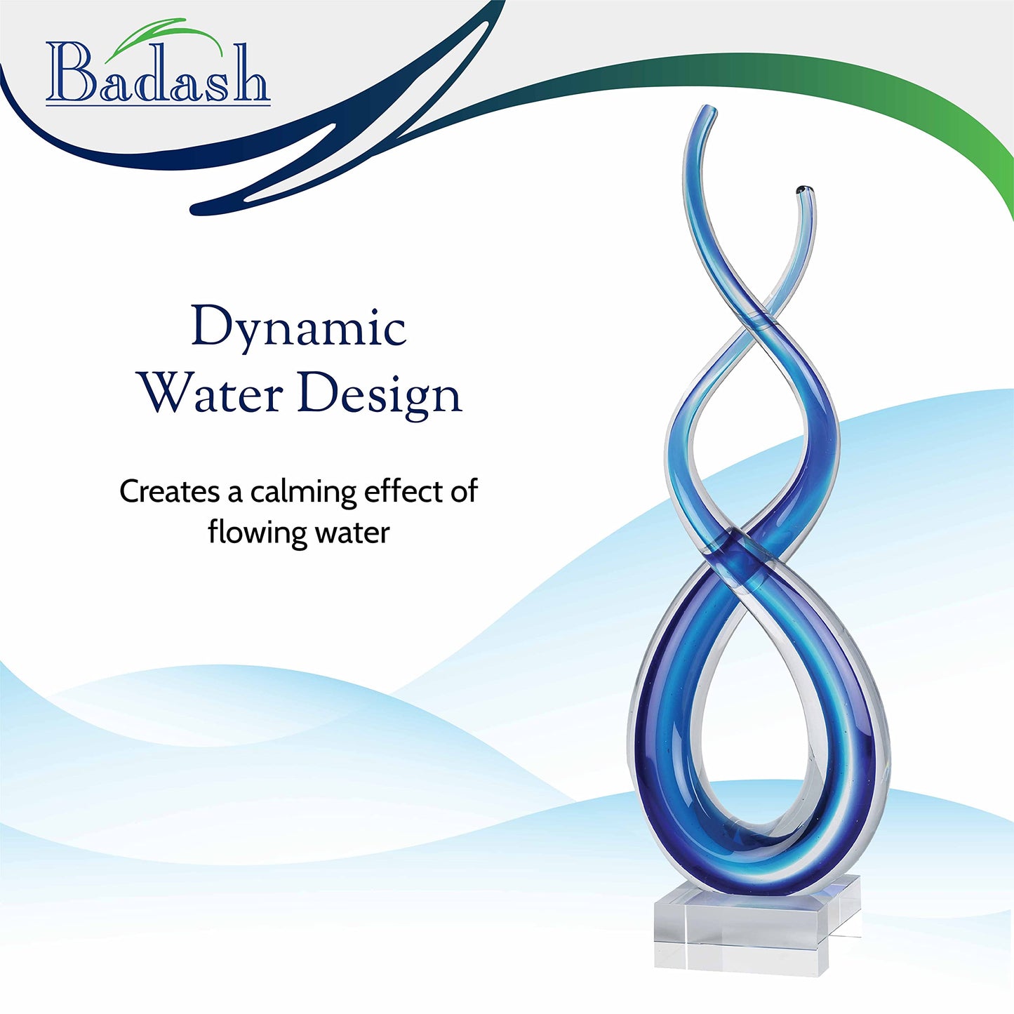 Badash Blue Murano-Style Glass Sculpture - 9'' Wave Art on Crystal Base - Handmade Home Decor
