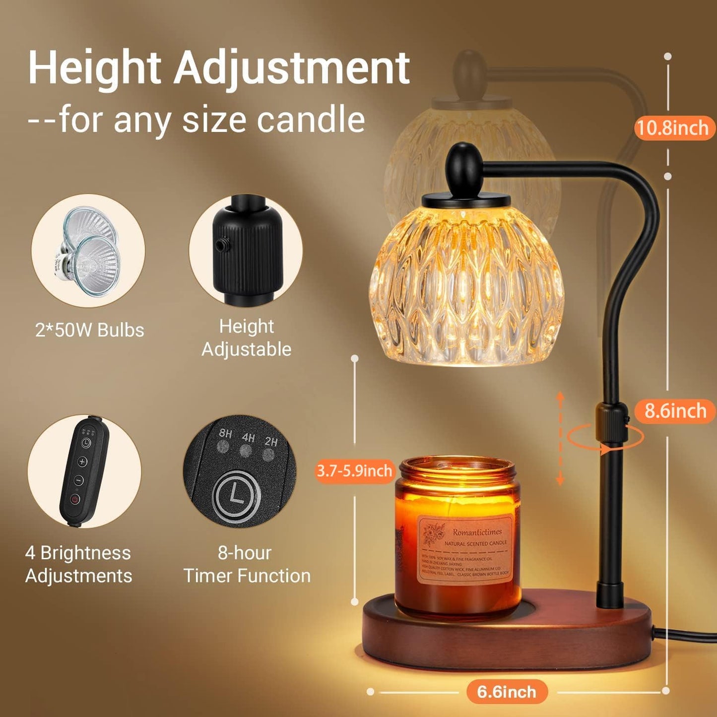 NVRGIUP Candle Lamp with Timer & Dimmer - Height Adjustable for Scented Candles, with 2 * 50W Bulbs - Home Decor Gift for Mothers Day (Black)