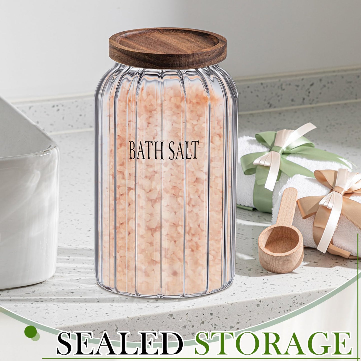 Maxdot 94 oz Large Bath Salt Container Glass Bath Salt Jar with Wooden Lid and Scoop, Storage Canister Airtight Storage Bathtub Accessories for Women Bathroom Bath Decor