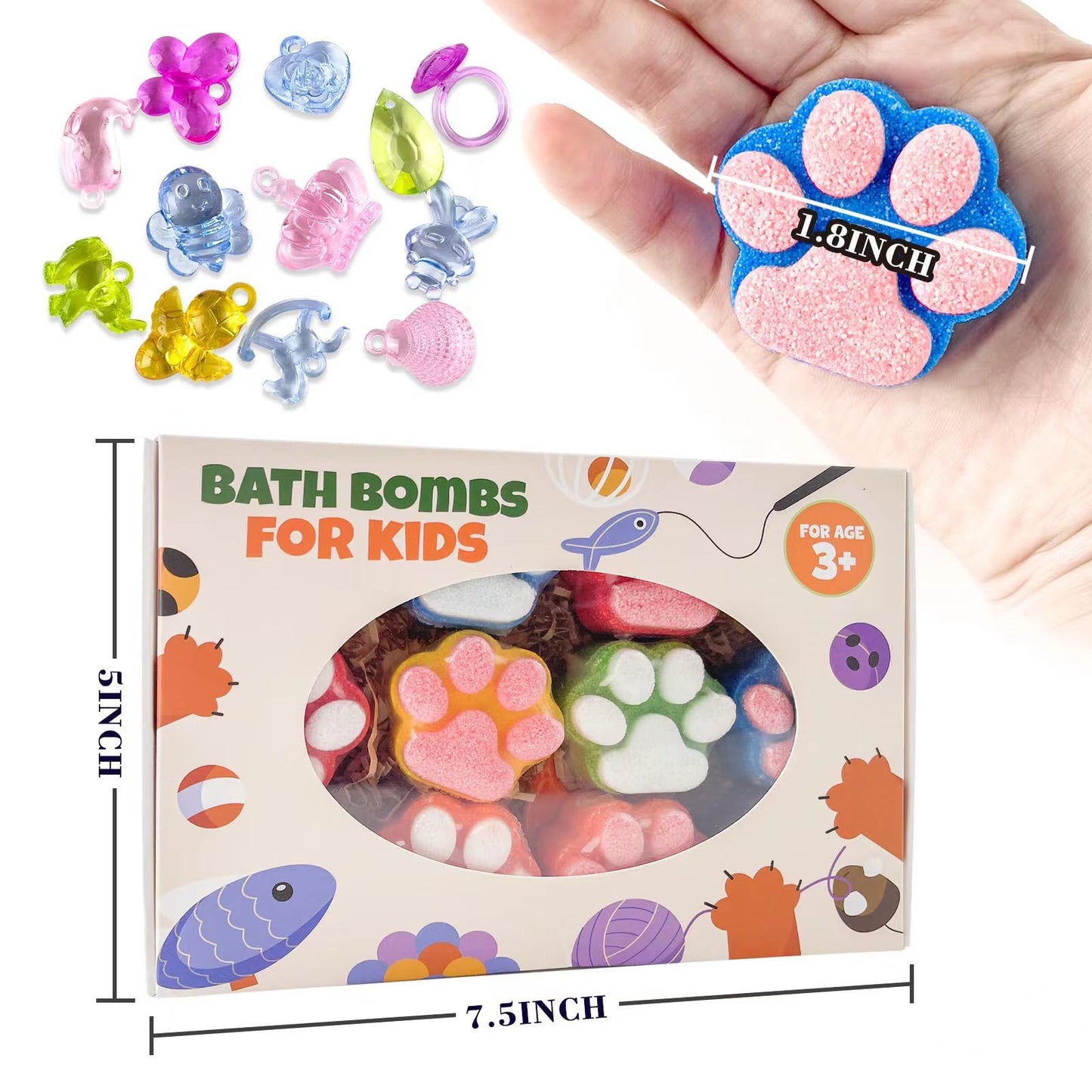 Paw Bath Bomb for Kids with Surprise Toys Inside, 12 Pcs Colorful Handmade Natural Bath Ball with Sparkling Crystal Toys, SPA Fizzy Bath Bomb Gift Set for Girl Boy at Christmas, Birthday